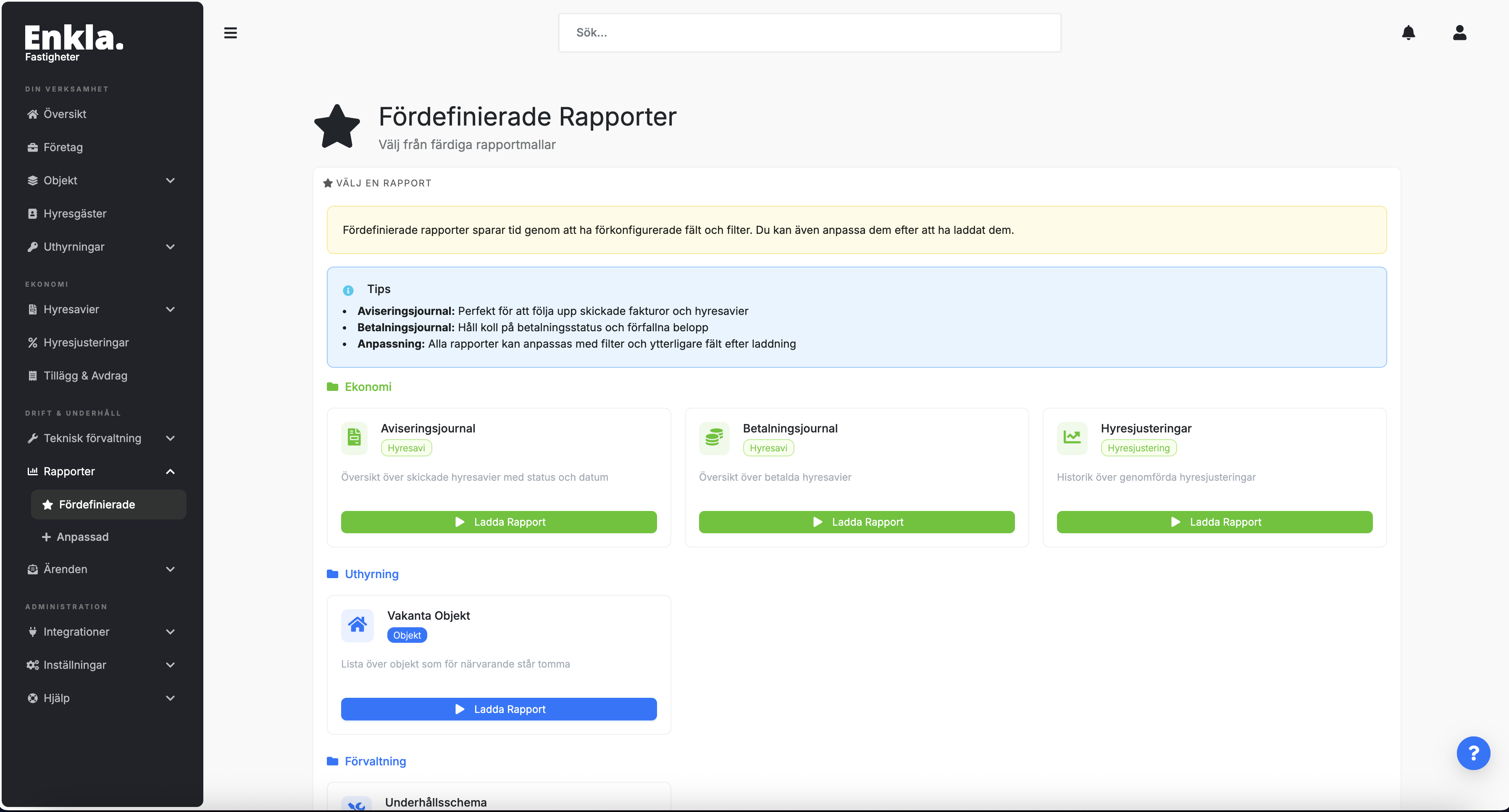 Fördefinierade rapporter - Enkla Fastigheter